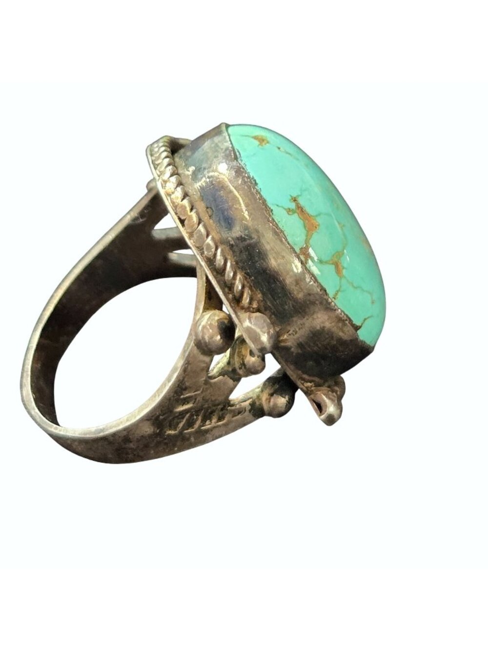 Vintage Signed Sterling Royston Turquoise Navajo Twisted Rope BezelRing Size8.25